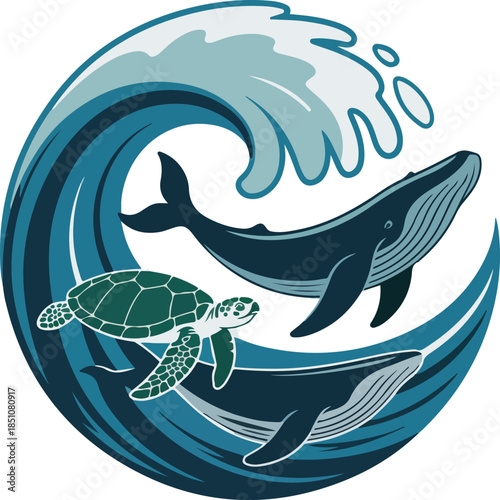 Two whales and a sea turtle swimming in a blue wave vector
