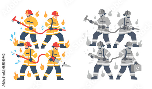 Firefighter team responding to emergency with tools