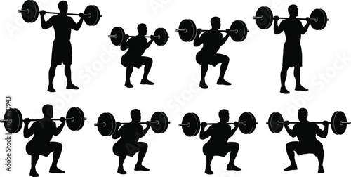 Weightlifting squat exercise silhouettes showing barbell training, strength workout, fitness progression, powerlifting technique, and athletic performance concept illustration