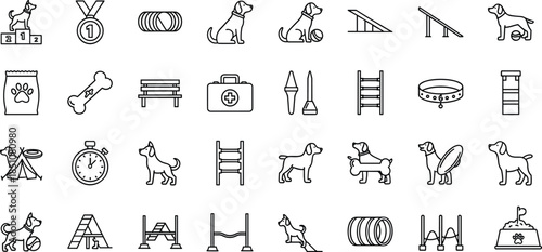 Dog training and agility line icon set with pets obstacles toys awards veterinary tools and canine activity symbols illustration