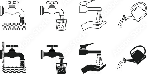 Set of stylized icons representing water flow from faucets and watering cans, useful for design projects related to plumbing, gardening, and conservation