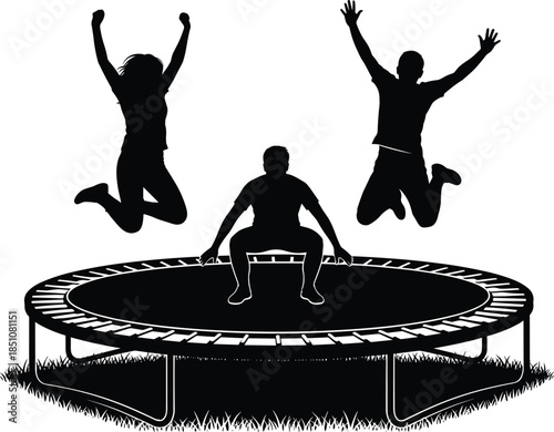 People jumping on trampoline silhouettes showing fun fitness activity, joyful movement, outdoor recreation, energy, balance, and playful lifestyle concept illustration