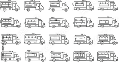 Food truck line icon set with mobile street food vans, delivery vehicles and roadside restaurant outline illustration collection