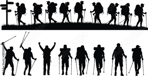 Hiking backpacker silhouettes showing trekking adventure, outdoor exploration, mountain travel, endurance, and freedom lifestyle concept with hikers using walking poles