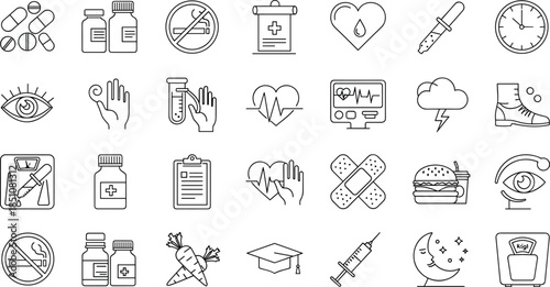 Healthcare and medical line icon set featuring medicines diagnostics patient care wellness monitoring treatment symbols and hospital service illustration