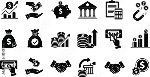 Essential black and white vector icons illustrating a diverse range of financial concepts including banking, investment, transactions, money management, and business growth