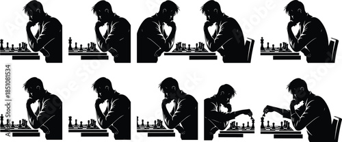 Chess player thinking silhouettes showing strategic planning, concentration, intelligence, and competitive mind game moments in black silhouette illustration style