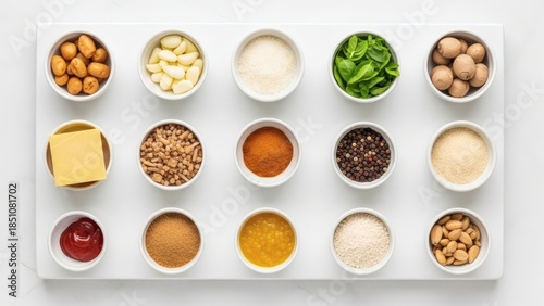 Assorted food ingredients in small bowls on white tray for National Keto Day