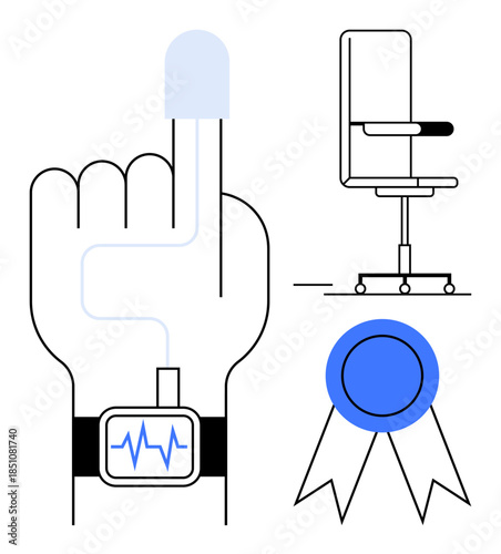 Health monitoring, productivity, recognition, technology, workplace culture, wellness. Finger wearing a smartwatch, office chair ribbon badge. Health monitoring and workplace culture concepts