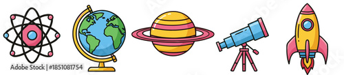 Science and Space Education Icons Set with Atom Globe Planet Telescope and Rocket in Flat Cartoon Vector Illustration Style