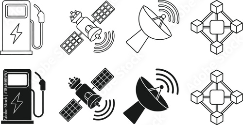 A comprehensive modern technology concept icon set illustrating sustainable energy, global communication, and secure digital network systems, vital for future progress