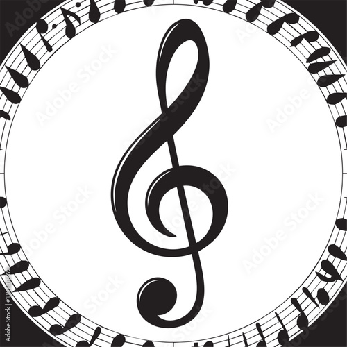 Elegant treble clef framed by musical notes, creating classic music symbol for composers