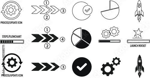 Collection of icons representing processes, data, and launching projects, with gears, charts, and rockets