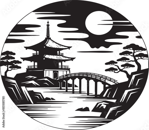Illustrative asian scene featuring a pagoda, arched bridge, moonlight, stylized trees, and water elements, all within a circular composition