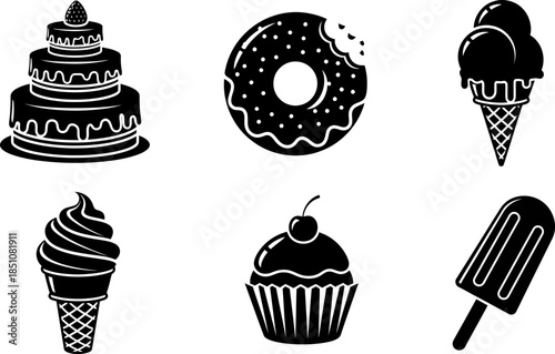 black and white illustrations of various sweet treats on white background