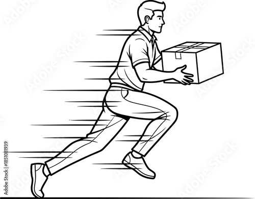 man running with cardboard box in hand fast delivery