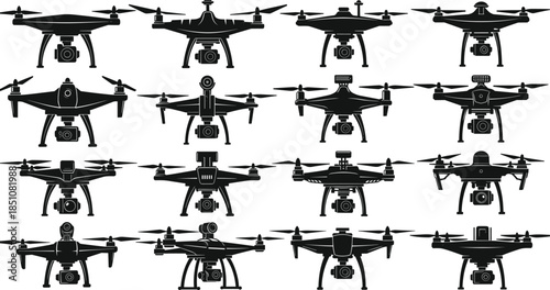 Drone silhouettes collection featuring quadcopter UAV designs with cameras, modern aerial technology concepts for surveillance, photography, videography, and innovation themes