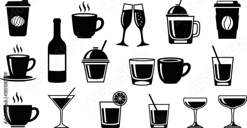black silhouettes of various hot and cold drink containers and glasses on white background