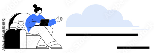 Remote work, digital communication, work-life balance, home office, cloud technology, lifestyle. Woman on sofa using laptop next to a cat. Remote work and digital communication concept