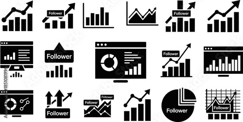 collection of black social media growth icons with graphs and followers