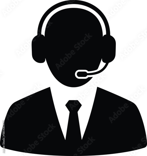 Modern solid icon showing a man in a business jacket with a microphone to denote specialized virtual assistant services, remote consulting, and telecommunications.