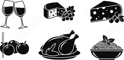 Black and white food and drink icons including wine glasses cheese fruits and a roasted turkey on a plate