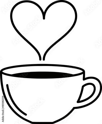 Coffee cup with heart steam rising up in love and warmth one sentence