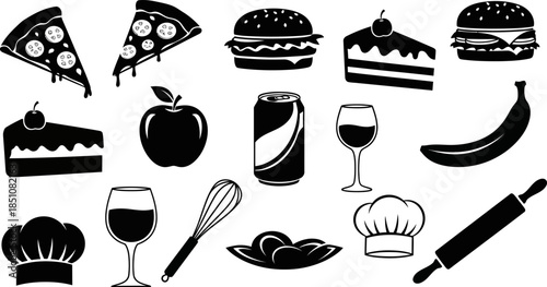 Black and white food and drink icons on transparent background