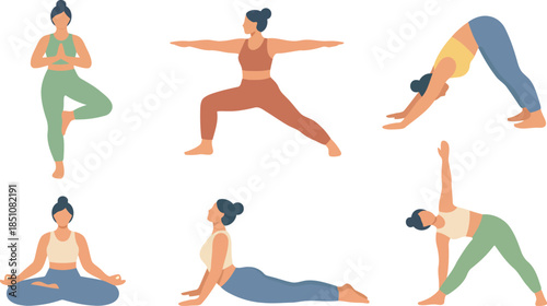 Women Yoga Poses Flat Vector Set – Minimal Wellness, Meditation and Fitness Illustrations