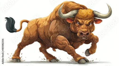 Powerful bull illustration charging forward against white background