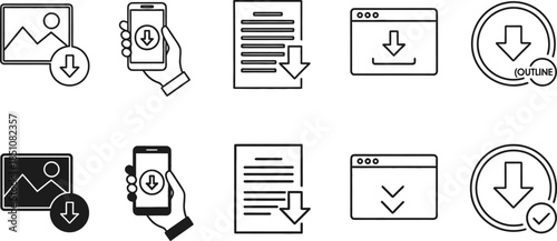 Collection of download icons depicting digital content transfer and file saving across devices and platforms