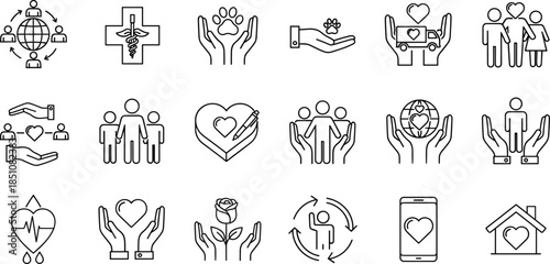 Line style charity and social care icons set with people, hands, hearts, healthcare and community support symbols isolated