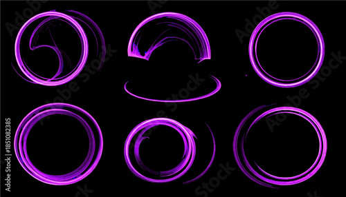 Set of glowing neon violet curve light effects for UI design isolated on transparent background, futuristic electric motion streaks and vibrant cyan lens flare elements SVG PNG
