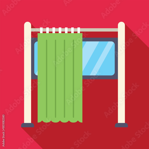 Illustrated empty voting booth with curtain and mirror against a red background