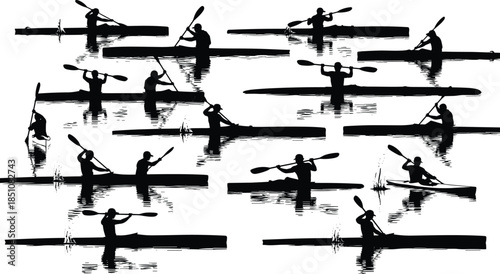Kayaking Silhouette Collection Featuring Canoe Paddlers On Water Rowing Sports Icons Adventure Recreation Outdoors Activities Set For Summer Travel And Tourism