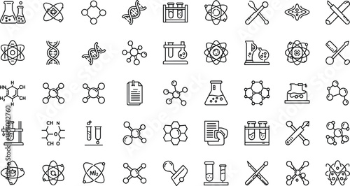 Science and chemistry line icon set with laboratory equipment molecules atoms research tools and biotechnology symbols outline illustration