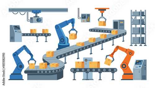 Automated conveyor belt system with robotic arms handling packages