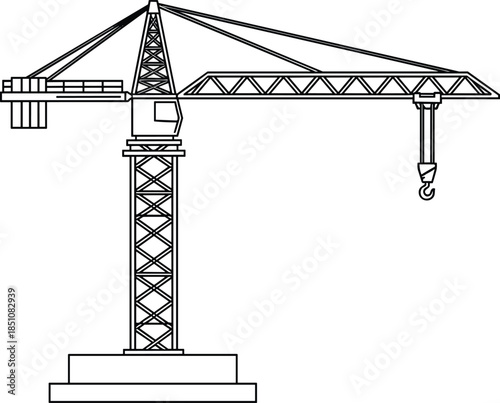 Tower crane outline illustration showing construction equipment, industrial lifting machinery, building site technology, and engineering infrastructure in clean black vector style