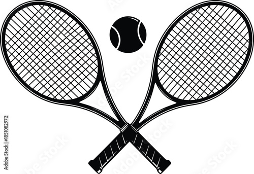 Tennis rackets and ball silhouette illustration with crossed rackets isolated on white background, professional sport equipment symbol design
