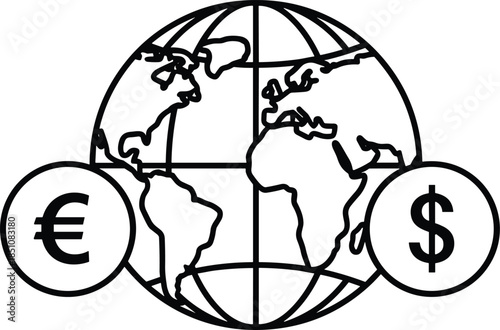 Minimalist black and white vector line illustration featuring a world globe with euro and dollar currency symbols representing global financial exchange and international trade.
