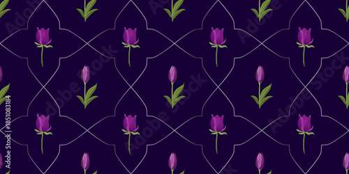 Vector seamless pattern with violet and lilac flowers in a geometric layout on a dark purple background. Ideal for fabric, wallpaper, packaging, stationery, and surface design.