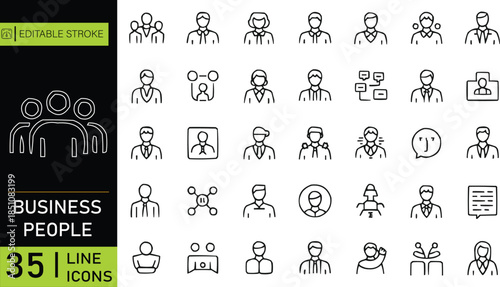 Business People Outline 35 Icon Set  Teamwork, Leadership, Communication, and HR Management
