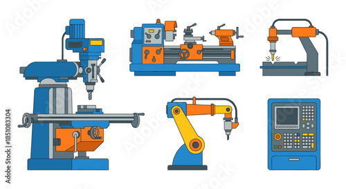 Manufacturing industry flat outline icons set