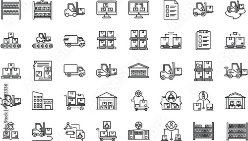 Warehouse logistics and supply chain line icon set featuring inventory management, forklifts, shipping, storage, delivery trucks, and distribution process symbols