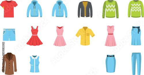 Women and men clothing flat illustration set featuring dresses, shirts, hoodies, sweaters, skirts, pants, and casual fashion apparel icons