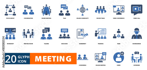 meeting icon set with focus group, conversation, board meeting, talk, online community, round table, 
video conference, video call, workshop, meeting  room, talking, discussion, agreement, training