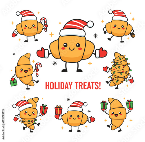 Happy croissant characters celebrating winter holiday treats