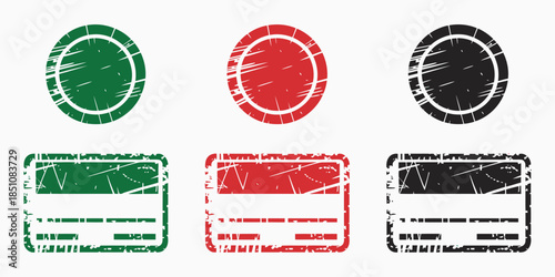 Green Ecologic Rubber Stamp Set Featuring Round and Rectangle Grunge Frames with Vintage Texture for Retro Natural Style Labels, Badges, and Clean Vector Design Elements