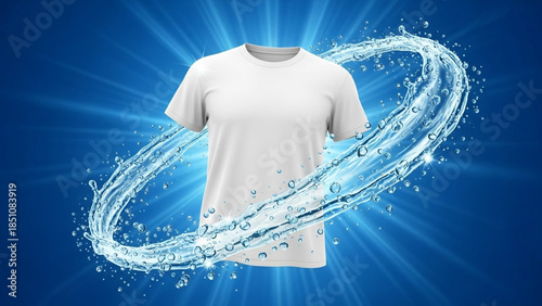 A crisp white t-shirt is encased in a swirling vortex of water, symbolizing cleanliness and freshness for apparel