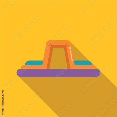 Colorful inflatable waterpark obstacle structure on a yellow background